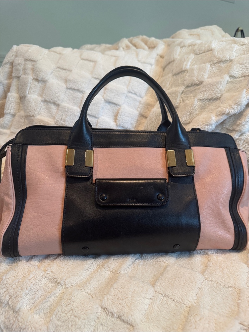 Chloe Black and Blush Pink Leather Satchel with shoulder strap.
